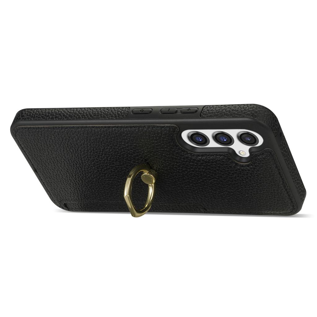 For Samsung Galaxy S23 FE Finger Ring Kickstand Phone Case PU Leather+TPU Card Holder Cover