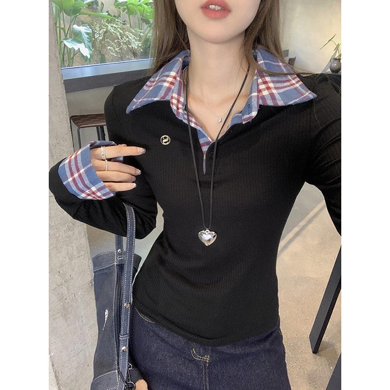 

Korean college style fake two-piece spliced plaid polo lapel long-sleeved bottoming shirt autumn and winter new slim top for women XL