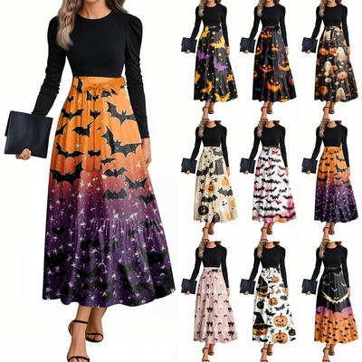 Women's Fashion Casual Belted Long Sleeve Round Neck Halloween Printed Elegant Temperament Dresses