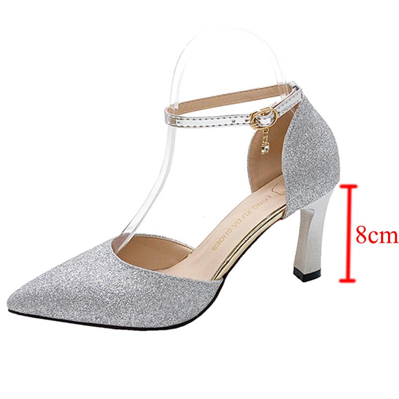 Fashion Bling Gold Silver Women Pumps 2025 Sexy Point Toe Thin Heel Party Wedding Shoes Womens Summer Ankle Strap 8cm High Heels Shoes