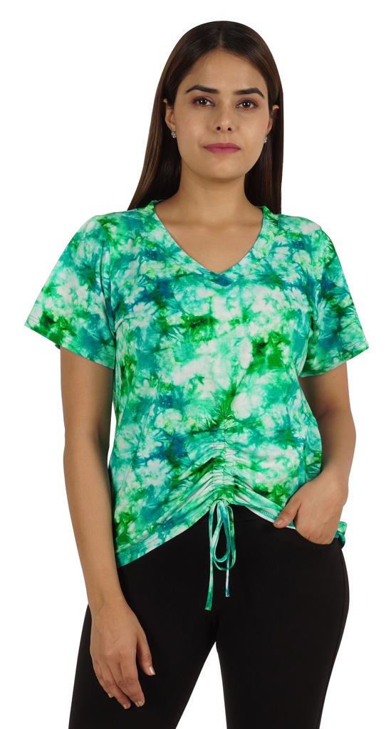Moomaya Tie Dye Short Sleeve Ruching Tops For Women V-Neck Casual Jersey Tee