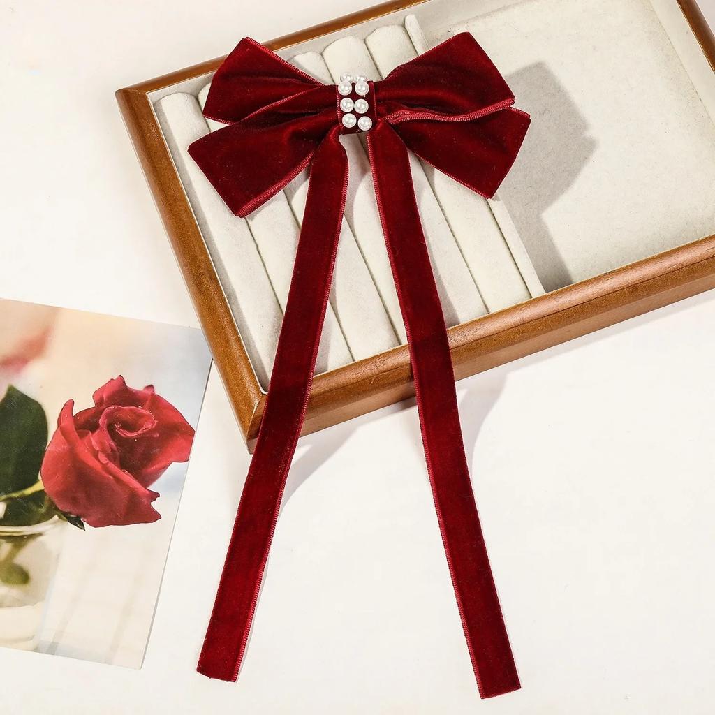 Velvet Ribbon with Pearl Korean Hair Clips for Women Elegant Long Tassel Large Bows Girls Hairpin Accessories Autumn Winter New