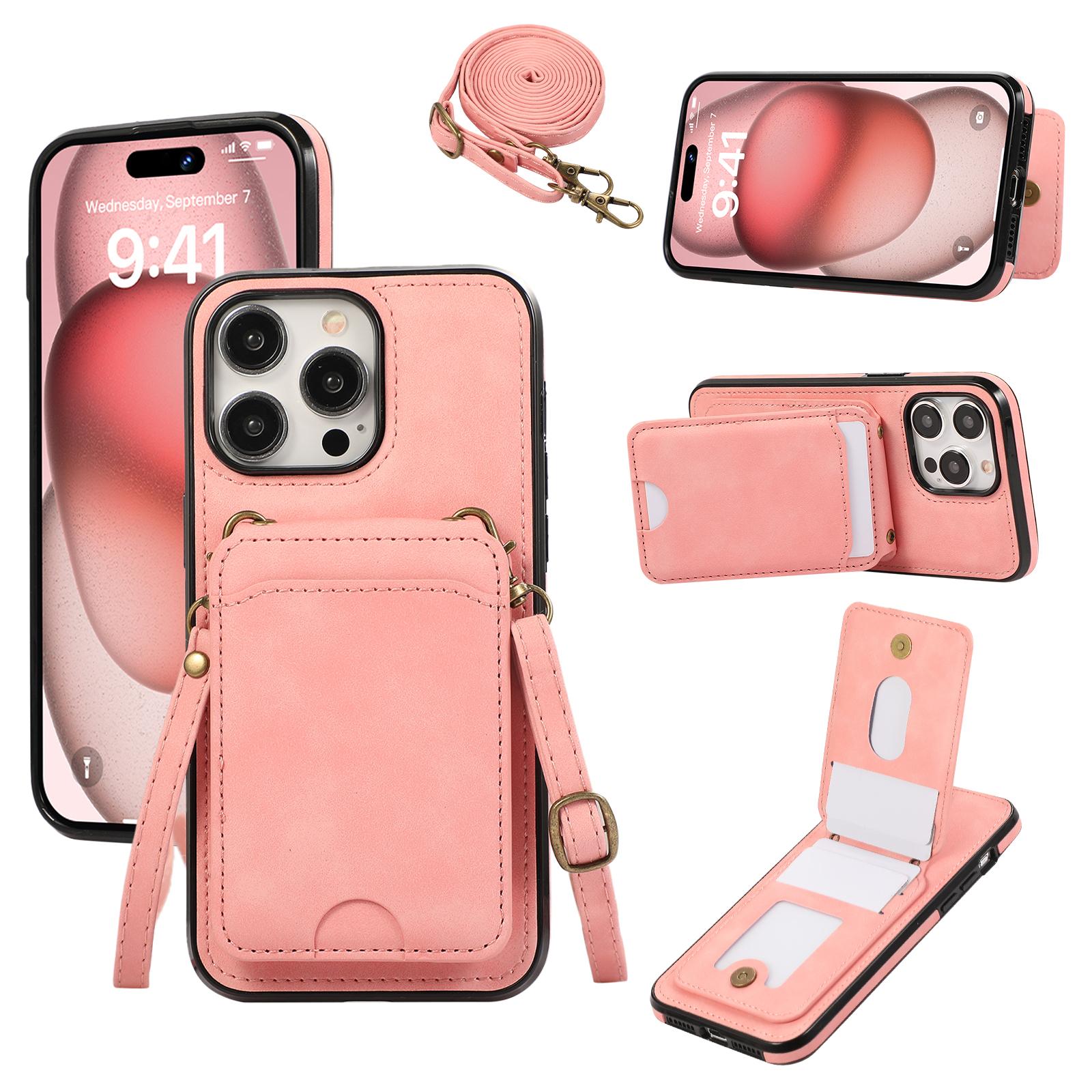 

For iPhone 15 Pro Max Case Card Holder Kickstand Leather+TPU Phone Cover with Shoulder Strap Pink