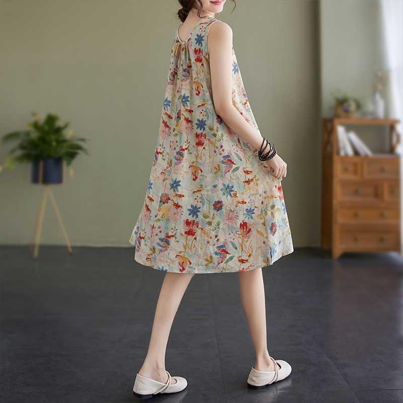 Real Shot Large Size Women's Clothing Summer Loose Suspender A-word Skirt Sleeveless Crew Neck Printed Dress