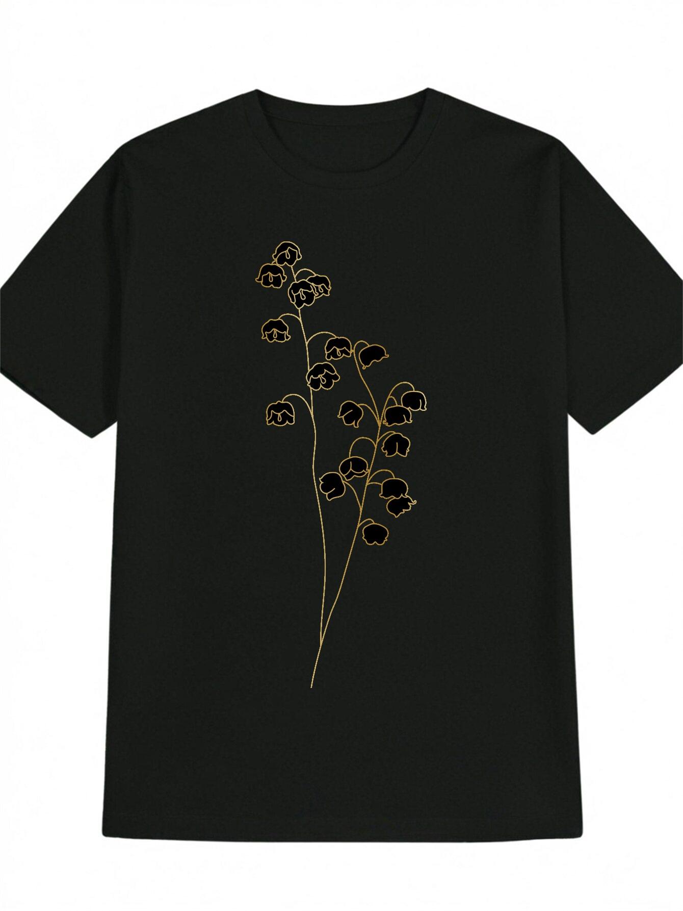Casual Crew Neck T-shirt with Golden Lotus Flower Print - Soft XL