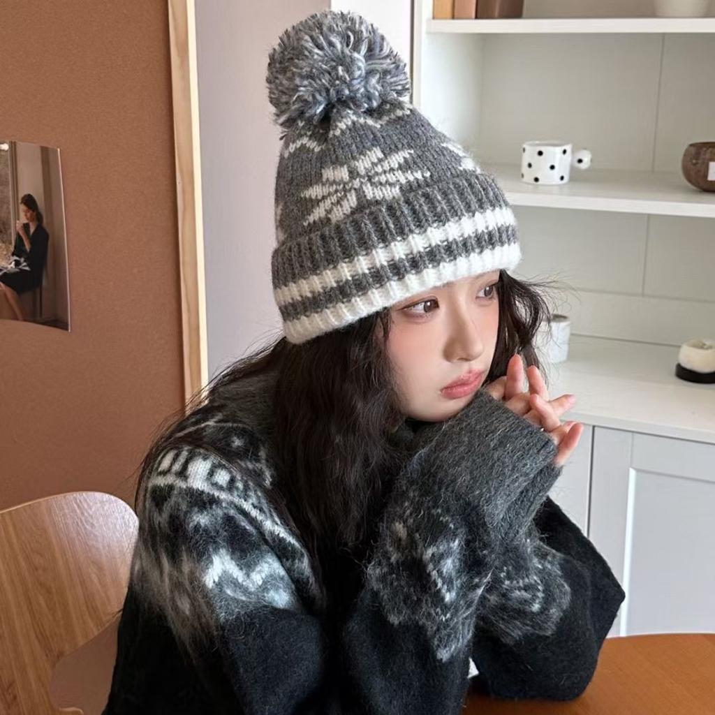 New Year Red Knit Hat Christmas Warm Ear Hat Sweet Hairball Wool Hat