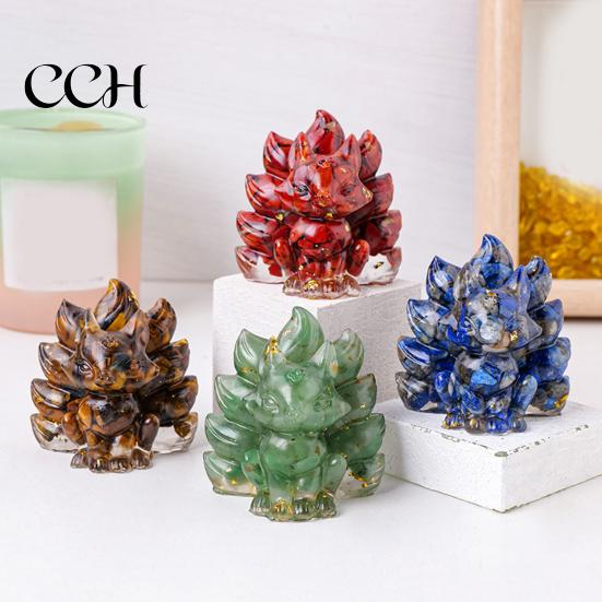 Nine-tailed Fox Ornament Natural Stone Foxes Figurine Positive Healing Energy Hand-carved Colorful Faux Collectible Toy Crystal Sitting Animal Statue
