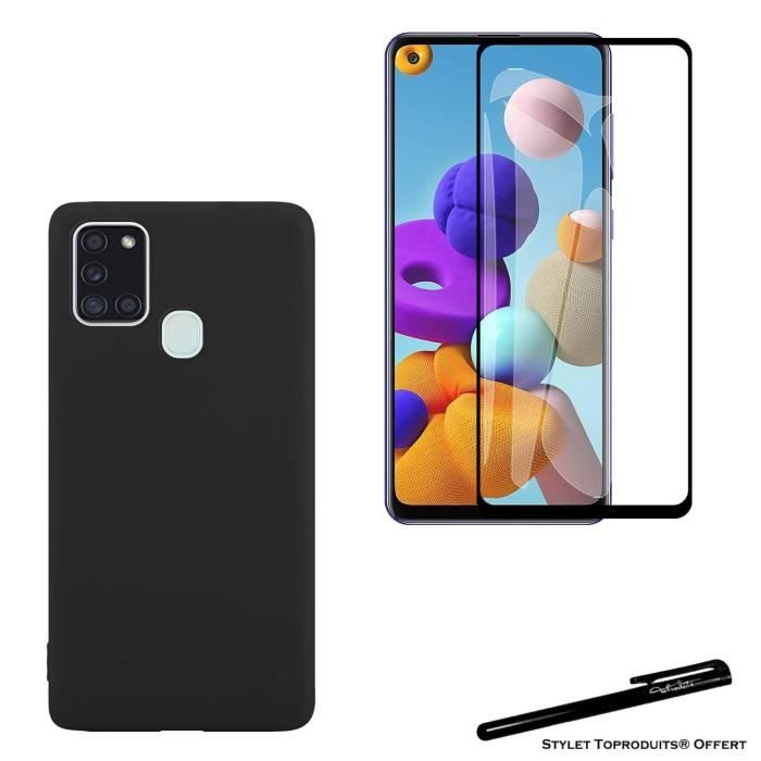 Verre trempé pour Samsung Galaxy A21S bords noirs et coque de protection souple Noir avec Stylet Toproduits®