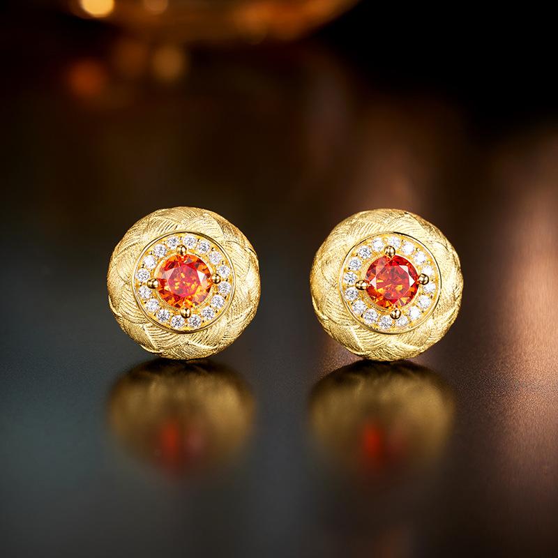 

Medieval style stud earrings for women S925 sterling silver electroplating brushed hollow orange red zircon light luxury high-end earrings for women 925 silver