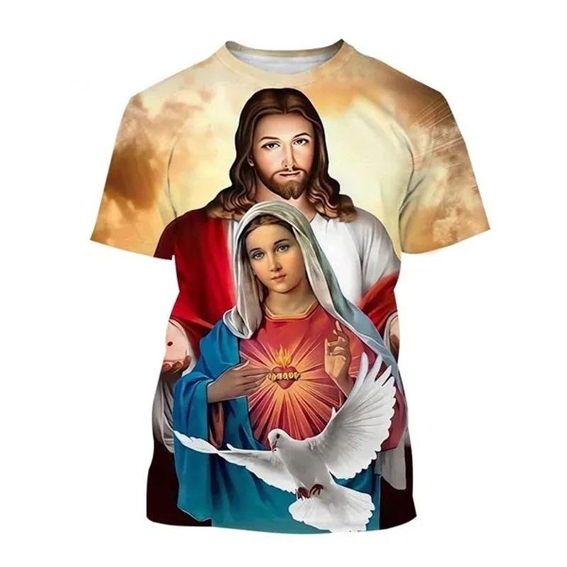 Christian Mother Of God Virgin Mary Jesus Loves Casual Tee Tops Short Sleeve Women's Men Adult and Children's Clothing Tshirt