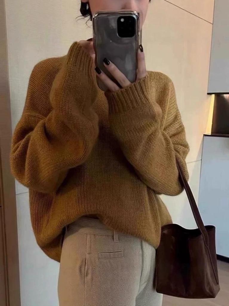Women's Korean Style Loose Solid Color Knit Pullover - Autumn/Winter New Arrival