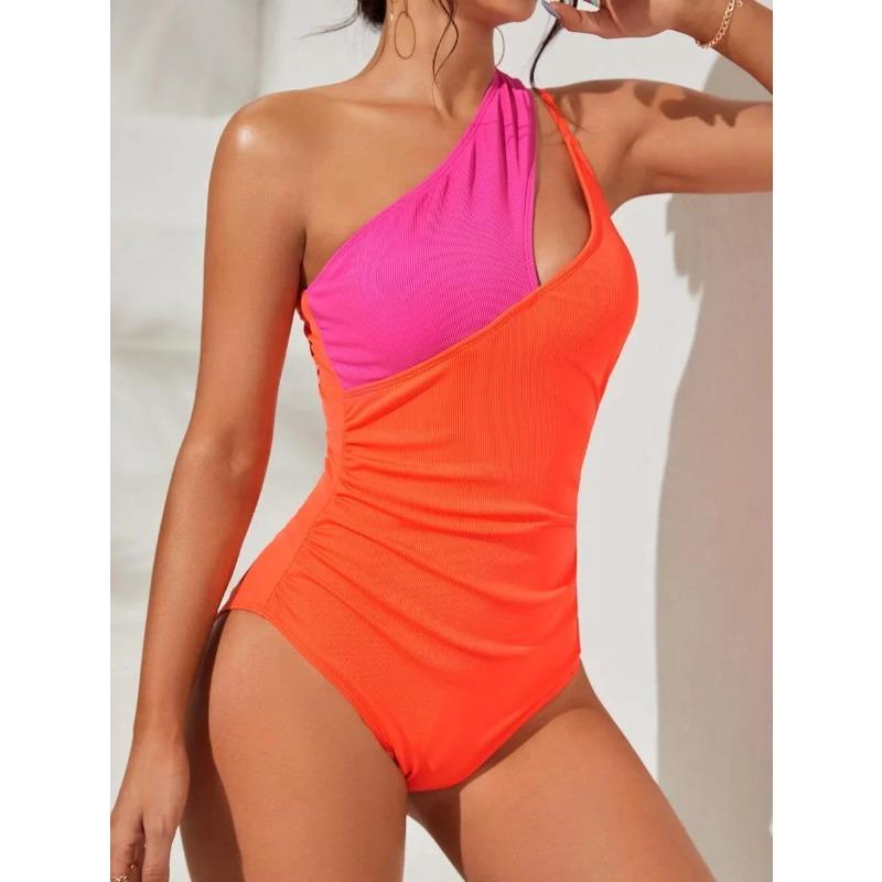 2025 Two Tone One Shoulder Ruched Side Swimsuit One Piece Swimwear Women Sexy Bather Bathing Swimming Swim Suit Female Beachwear