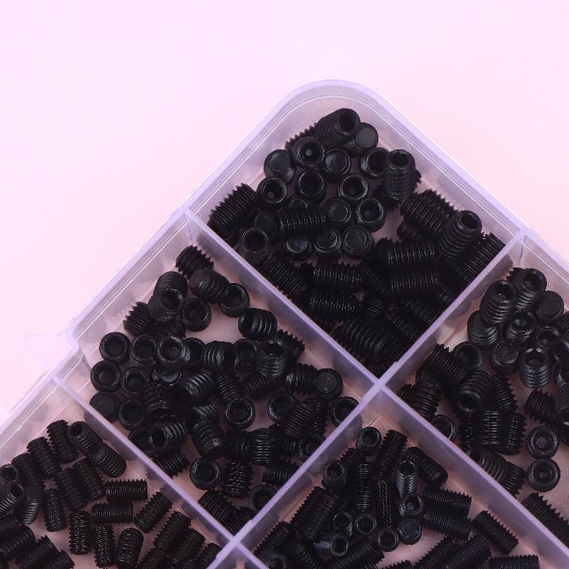 500pcs M2.5 M3 M4 DIN913 304 Stainless Steel Black Hex Hexagon Socket Allen Flat Point Grub Bolt Set Screw Kit Box