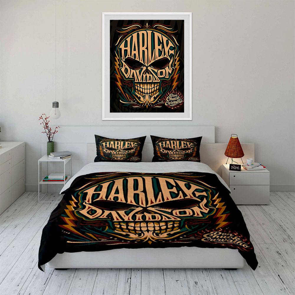 Calavera, llamas, logo de Harley-Davidson. Juegos de cama Juegos de fundas nórdicas Fundas nórdicas Fundas de almohada(1 * Funda de edredón 2 * Fundas de almohada sin relleno de edredón)
