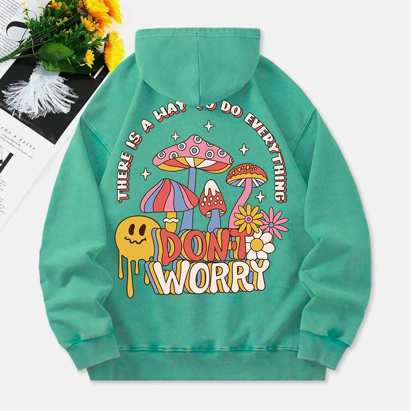 Mushrooms Washed Hoodie Womens Don'T Worry Printed Cotton Clothes Long Sleeves Pocket Oversize Winter Womans