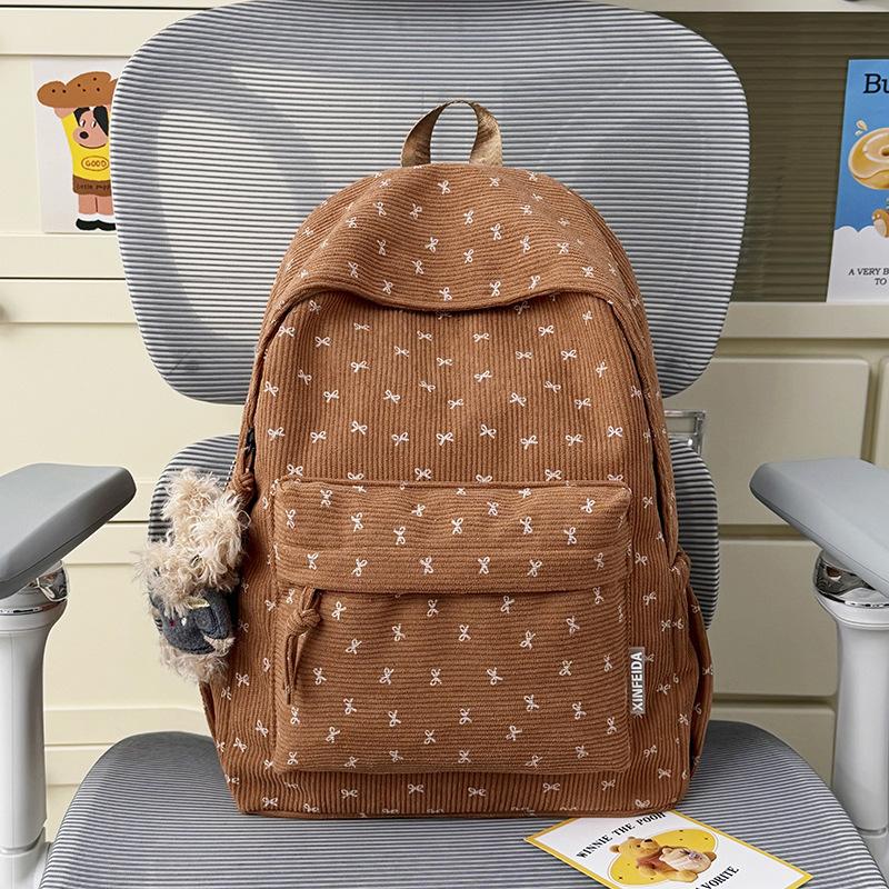 Schoolbag1011 New Textured Student School Bag Corduroy Bow Niche Versatile Backpack Large Capacity Commuter Backpack