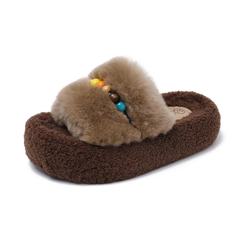 

Fashion beaded thick-bottomed fluffy slippers women wear cute fluffy comfortable trendy home cotton slippers women 40 хаки