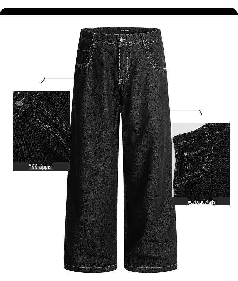 Yongfang Unisex Retro Černé Džíny s Širokými Nohavicemi: Neformální, Volné, Prané Kalhoty s Rovnou Nohavicí.