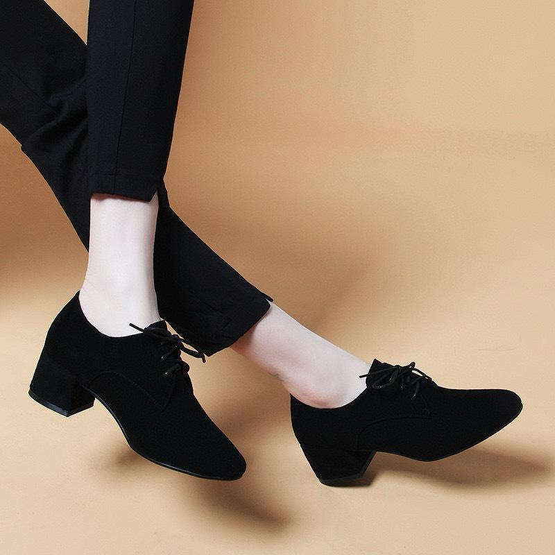 Round head deep mouth single shoes women's spring new lace-up thick heel women's shoes black work shoes women's sheepskin leather shoes