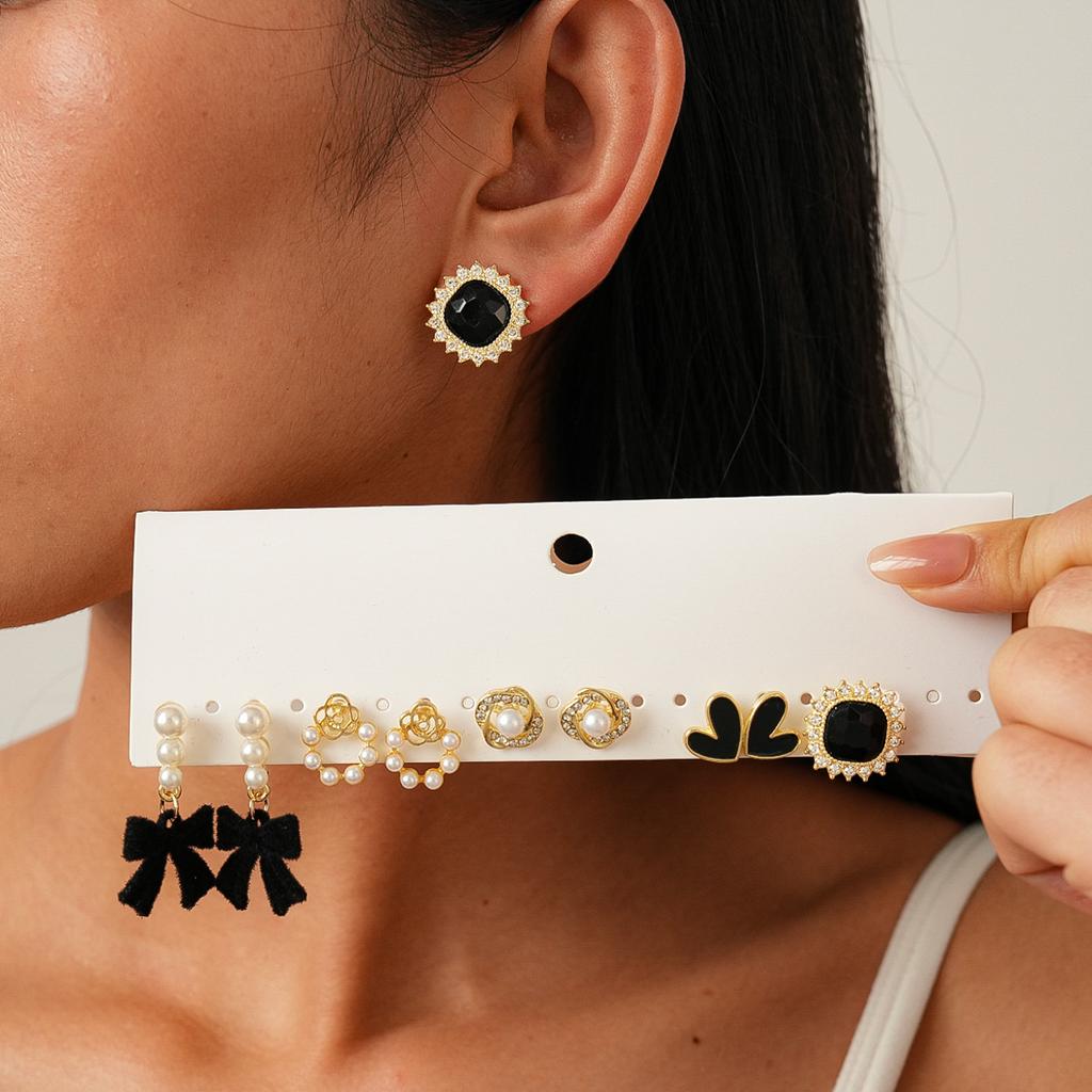 Ten-piece Set of Diamond-encrusted Imitation Pearl Flocking Bow Love Geometric Silver Needle Stud Earrings