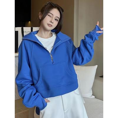 Korean Style High-end Solid Color Zipper Sweatshirt for Women New Loose Lazy Style Casual Pullover Versatile and Comfortable Top
