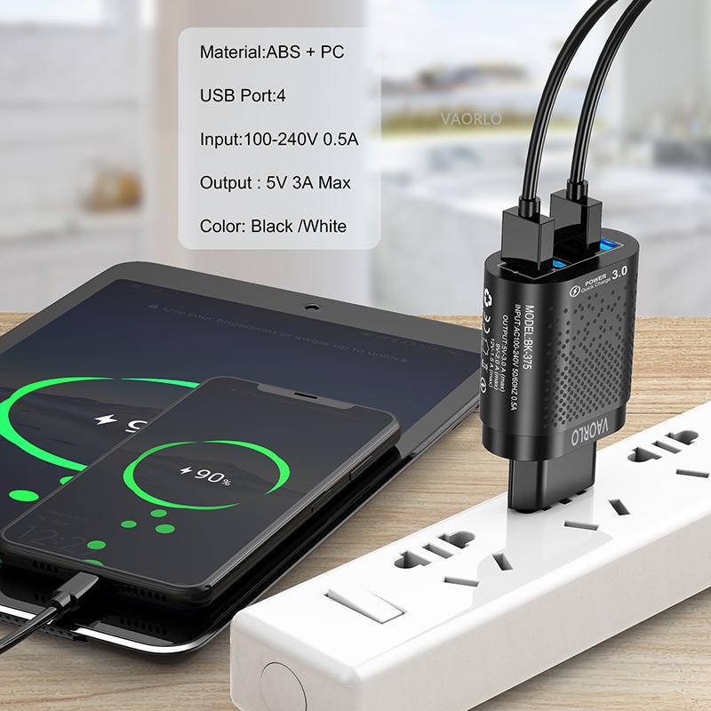 VAORLO 3A Charging Port Fast Charger 4 USB Port LED Light Quickly Charge EU US Plug 48W Charging