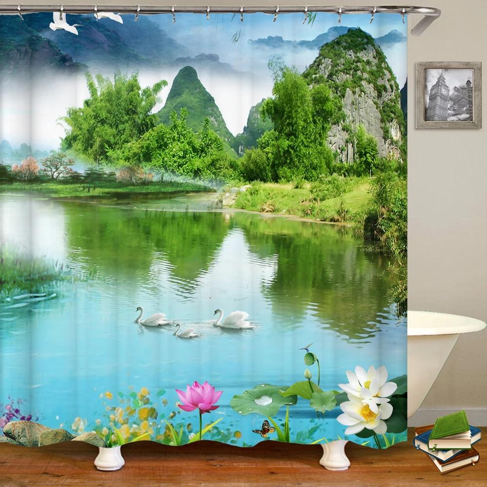 

3D Natural Flowers Forest Shower Curtain Landscape Printing Bathroom Curtains Waterproof Polyester Decor Bath Curtain With Hooks W60H190(CM)-1 Pcs
