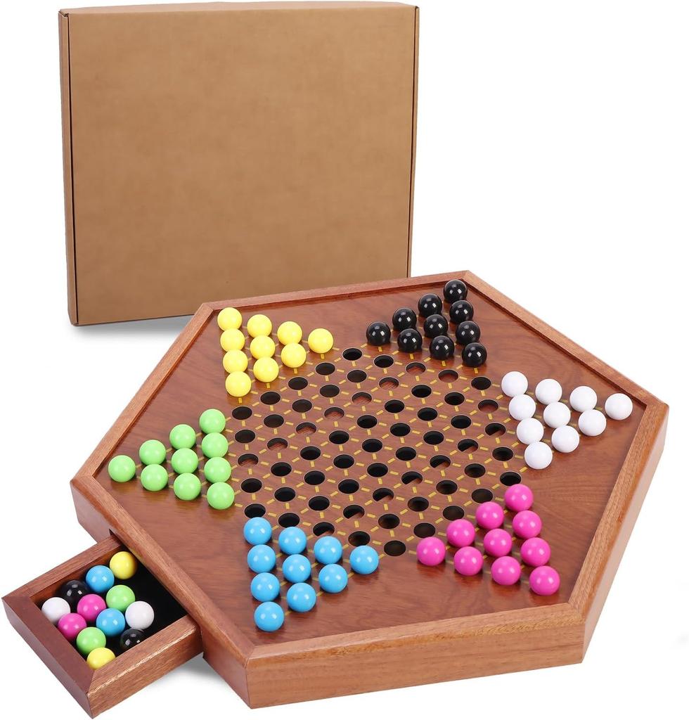 Chinese Checkers Wooden Board Game, 13.7', 60+ Colorful Acrylic Marbles, Classic Family Strategy Game