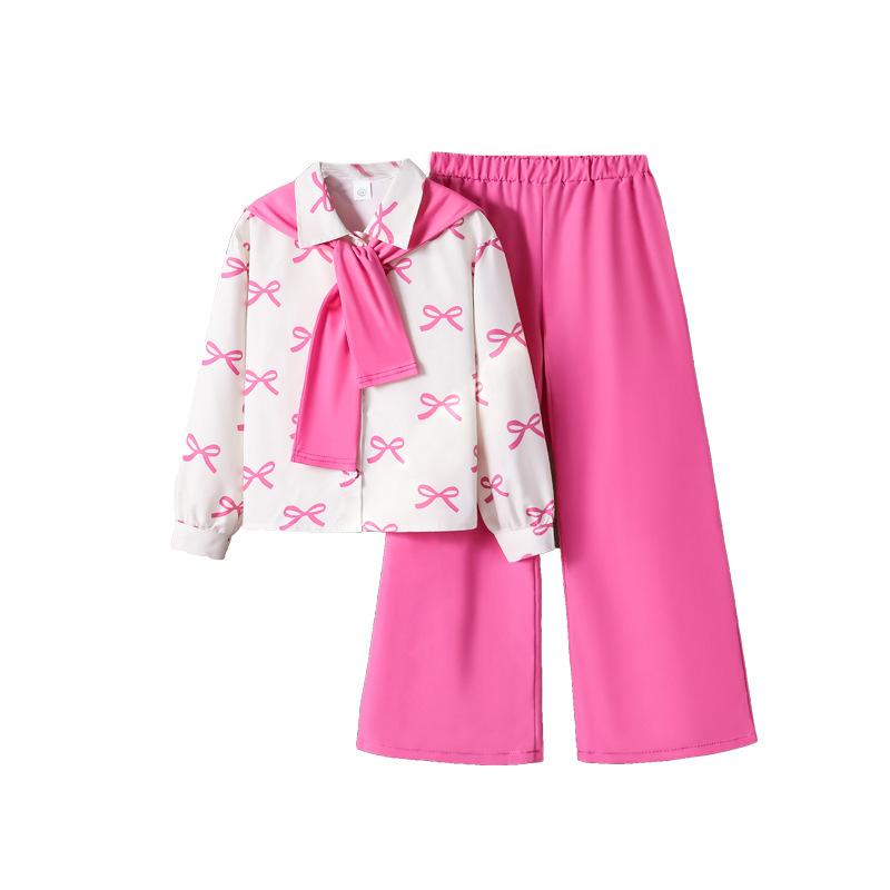 Girls' Fashion Set Autumn Children's Casual Bow, Detachable Shawl, Long-sleeved Shirt, Long Pants