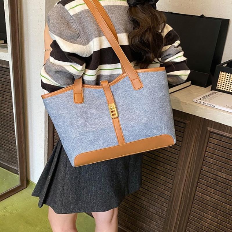 Contrast Canvas Bag Casual Versatile Shoulder Handbag Bucket Bag Large Capacity Tote Bag