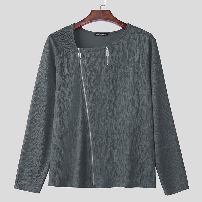 

INCERUN Мужские весенние топы с текстурой и длинным рукавом на молнии, футболки 2XL серый