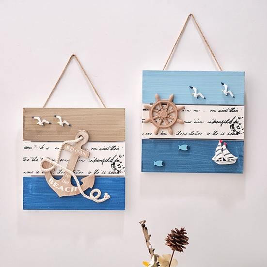 Wood Beach Framed Wall Art Coastal Ocean Theme Wall Hanging Sign with Steer Wheel Conch Sailboat for Bathroom Bedroom Living Room Decor