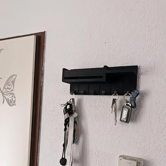 Wooden Home Key Holder with 6 Hooks Open Shelf Rustic Wall Mount Key Organizer Multi-purpose Home Office Entryway Decorative Key Hanger