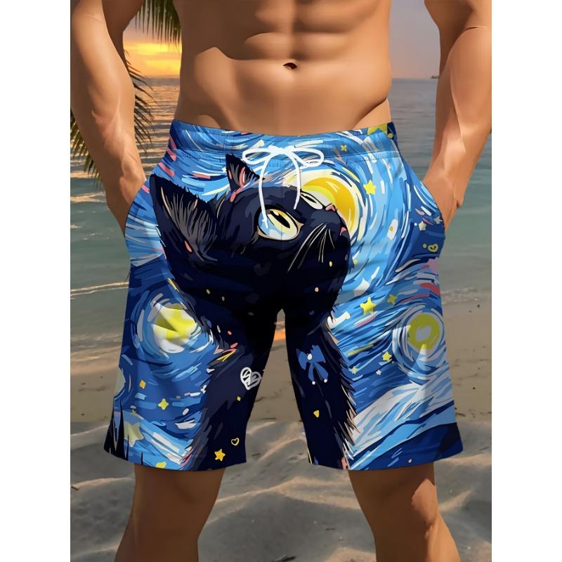 Men s Digital Print Starry Sky Cat Print Beach Shorts S