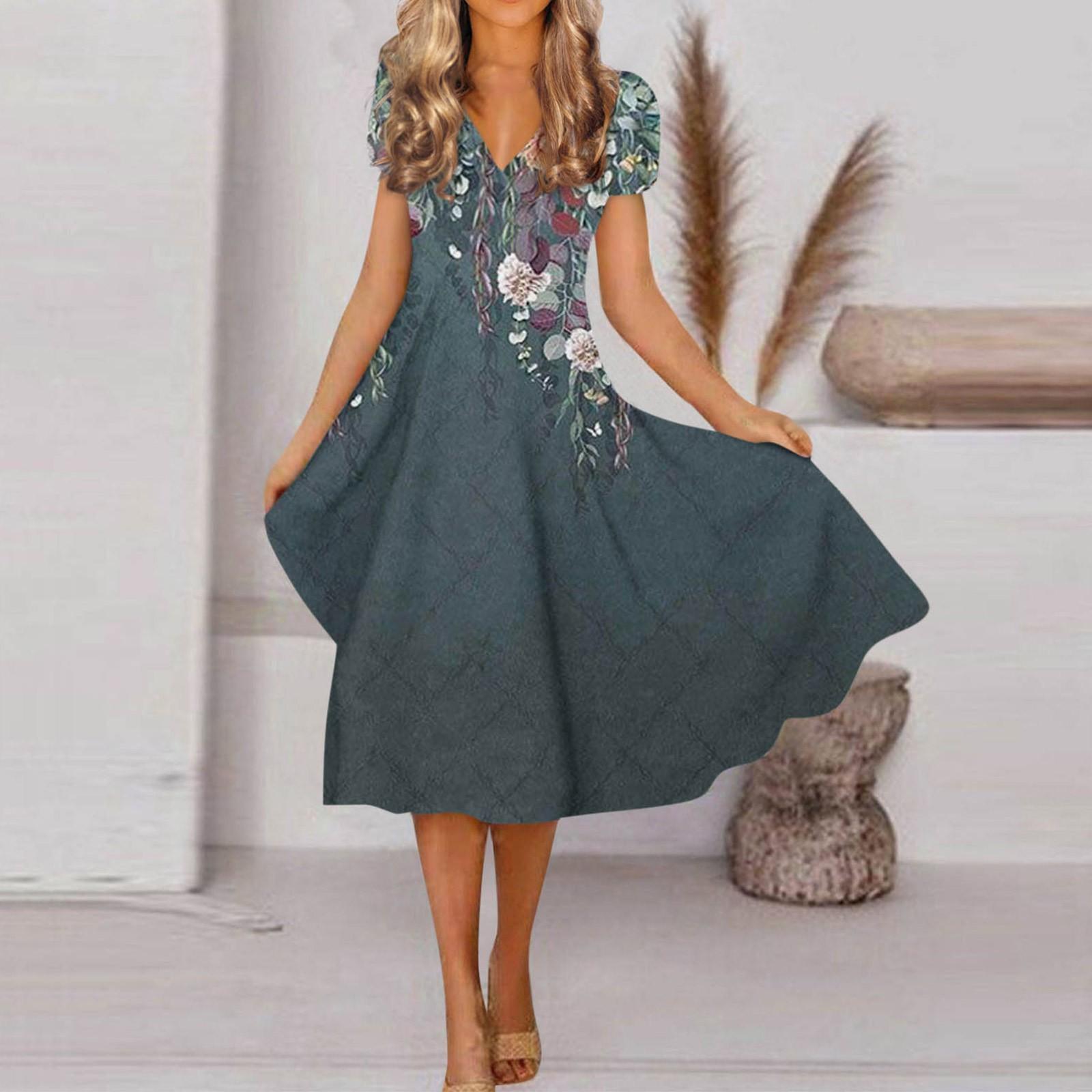 

Женское весенне-летнее модное платье с V-образным вырезом и коротким рукавом с цветочным принтом и свободным подолом L