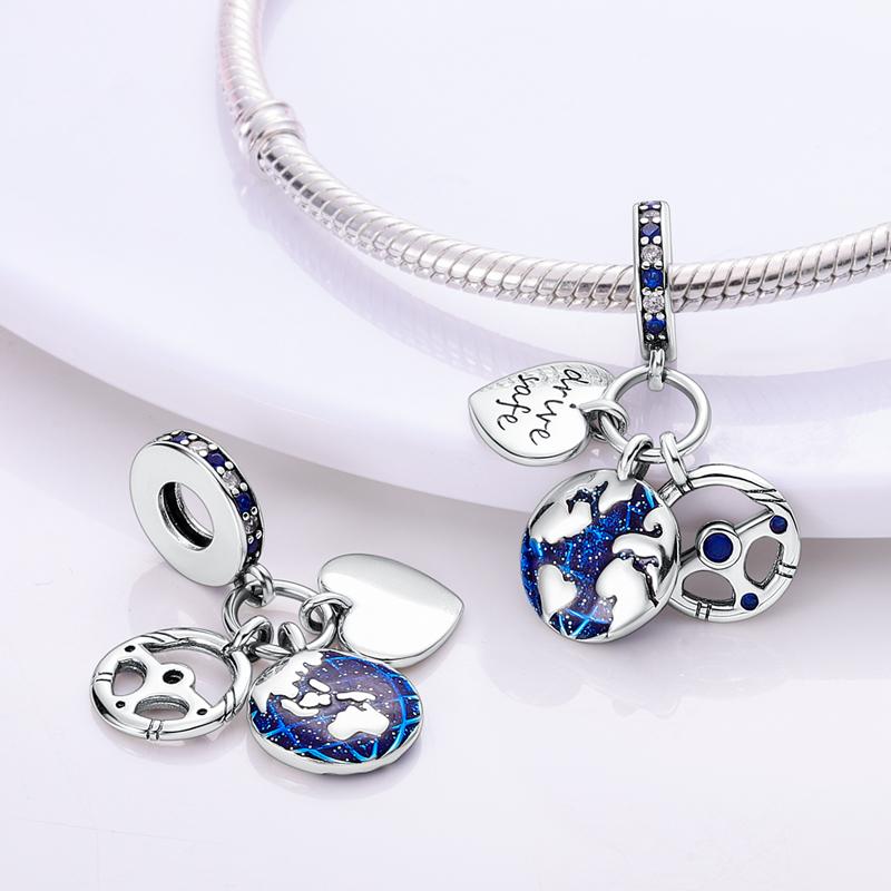 Charms Copper Blue Sky Safe Travel Heart Pendants Fit Charms Plata Original Bracelet Beads Women Jewellery Making Gifts