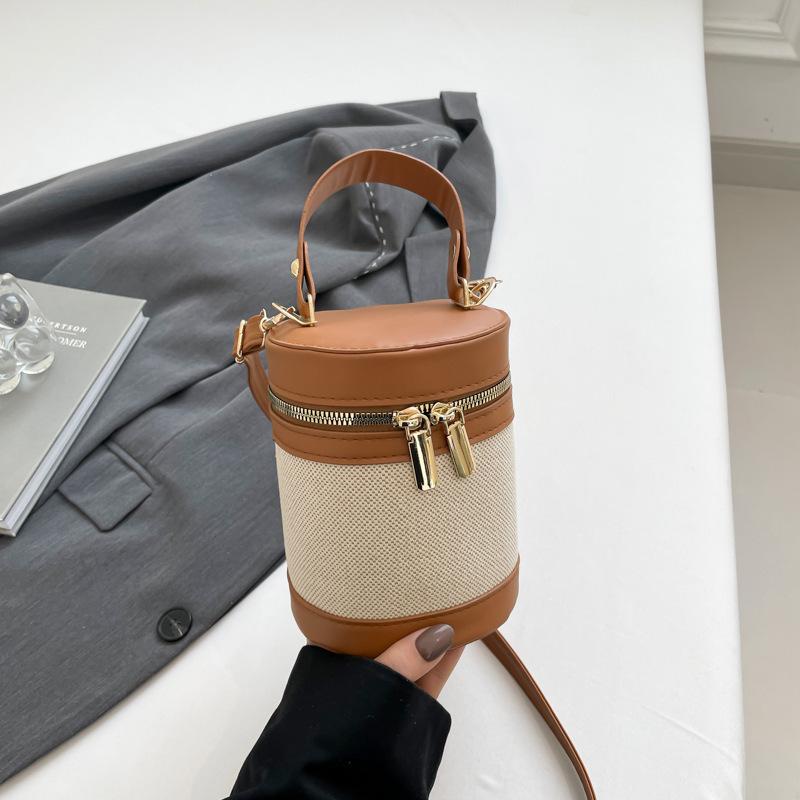 2025 New Korean High-end Cylinder Bucket Bag Splicing Contrasting Color Messenger Bag Women's Ins Versatile Shoulder Bag