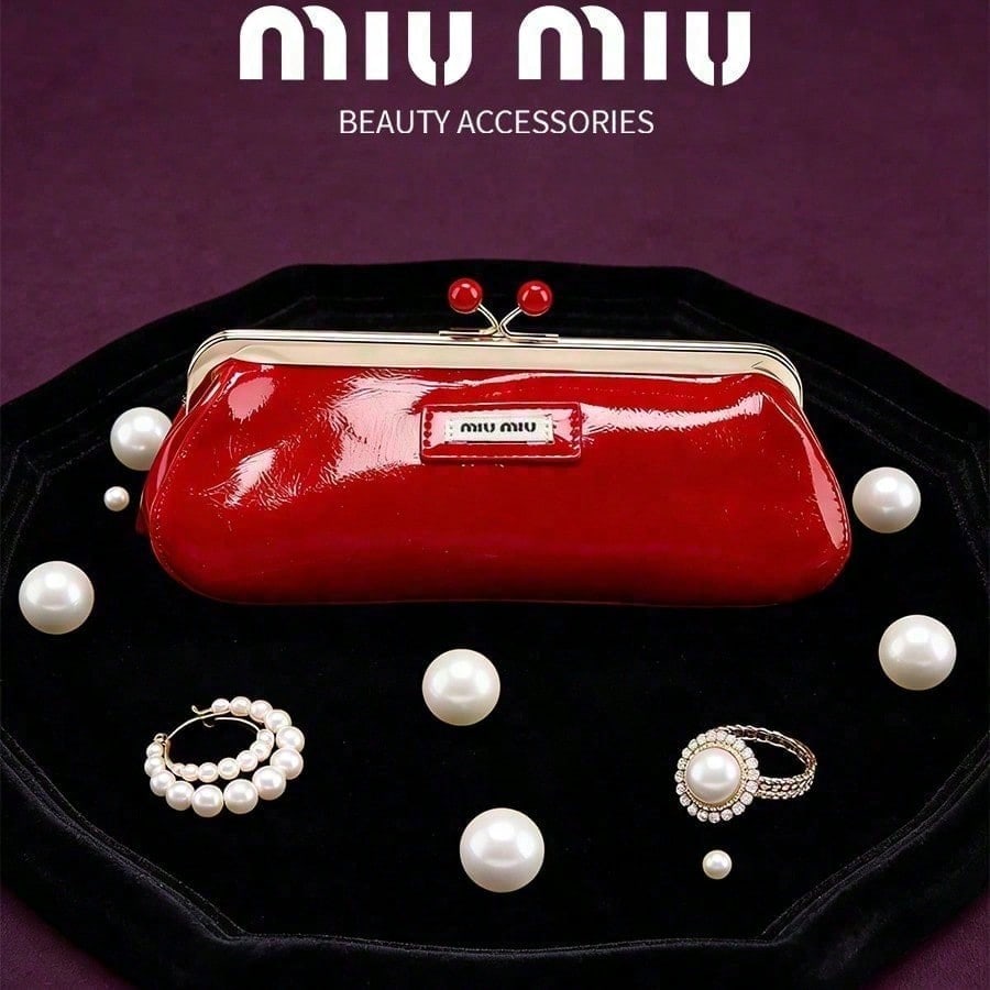 MIUMIU Glossy Red Patent Leather Makeup Bag Cherry Metal Clasp Portable Cosmetic Clutch Pouch for Women Travel