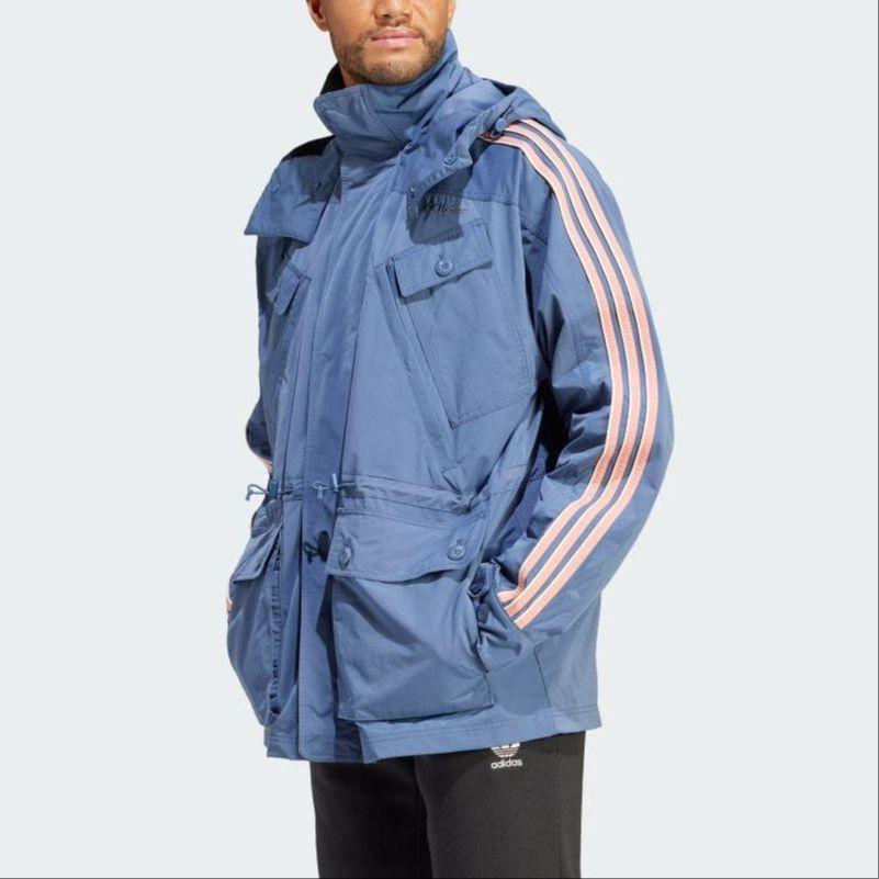 Adidas Originals Jachetă de vânt cu glugă cu mâneci lungi cu fermoar pentru bărbați, îmbrăcăminte exterioară albastră IR9397
