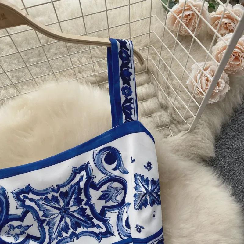 Blue & White Porcelain Print Camisole and High-Waist Midi Skirt Set for Women