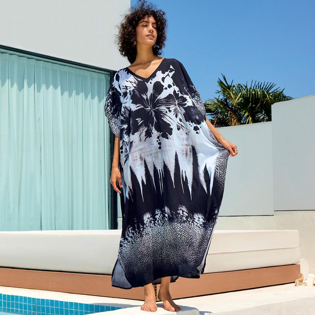 European & American Cotton Print Beach Cover-Up Long Dress - Plus Size Swimsuit Sunscreen Robe