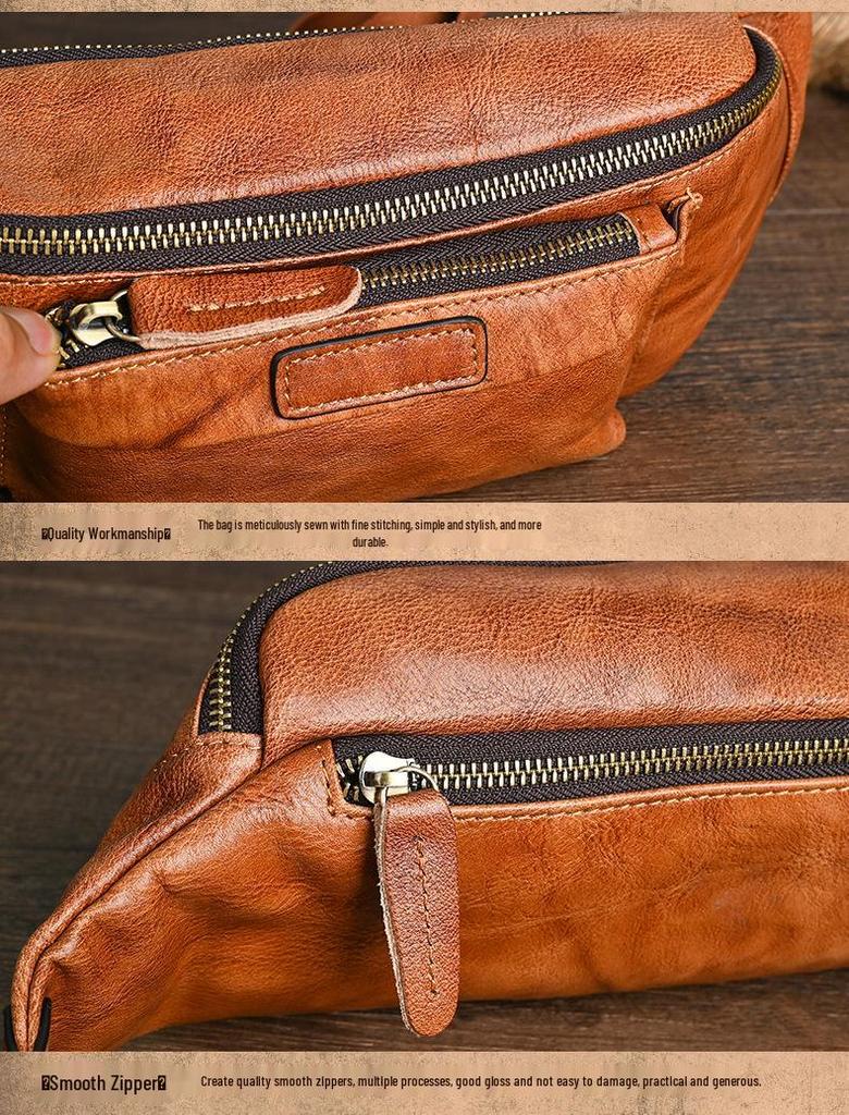 Vintage Chaozhou Hand-Colored Leather Fanny Pack: Retro Genuine Leather Chest Bag with Multi-Pocket Phone Holder