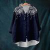 Top da donna ampio con volant e stampa floreale, collo alto, maniche lunghe, in cotone e lino