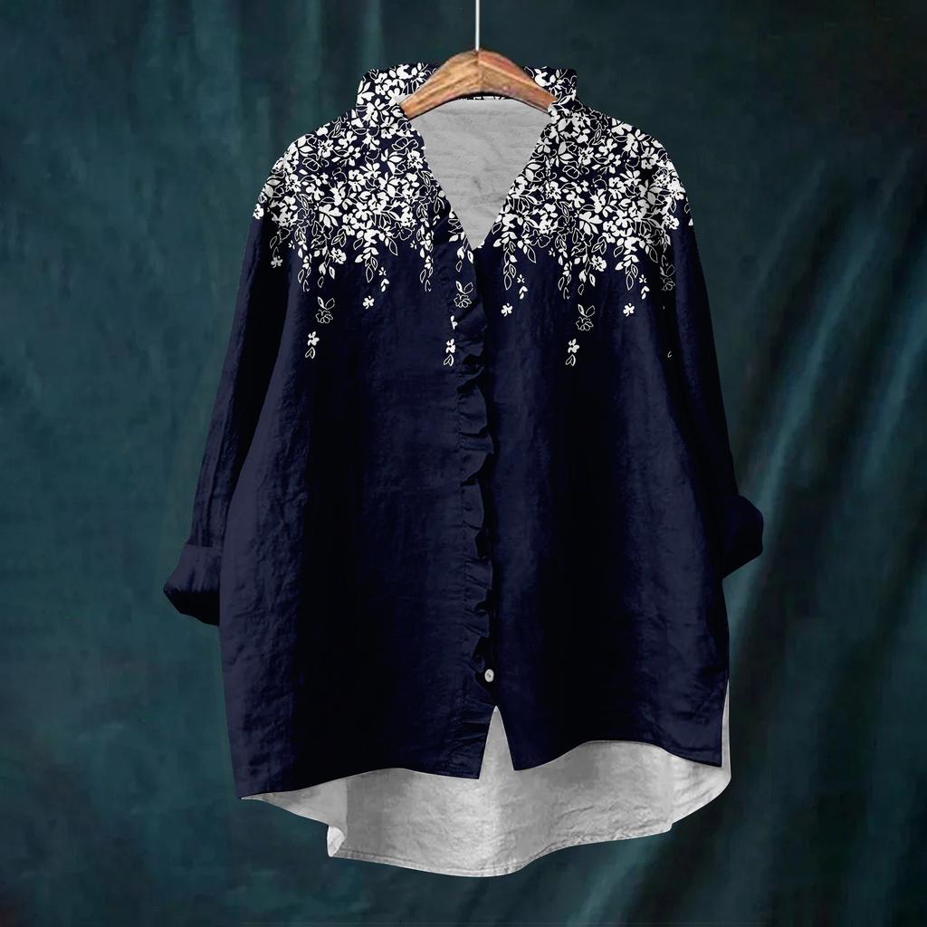 Top da donna ampio con volant e stampa floreale, collo alto, maniche lunghe, in cotone e lino