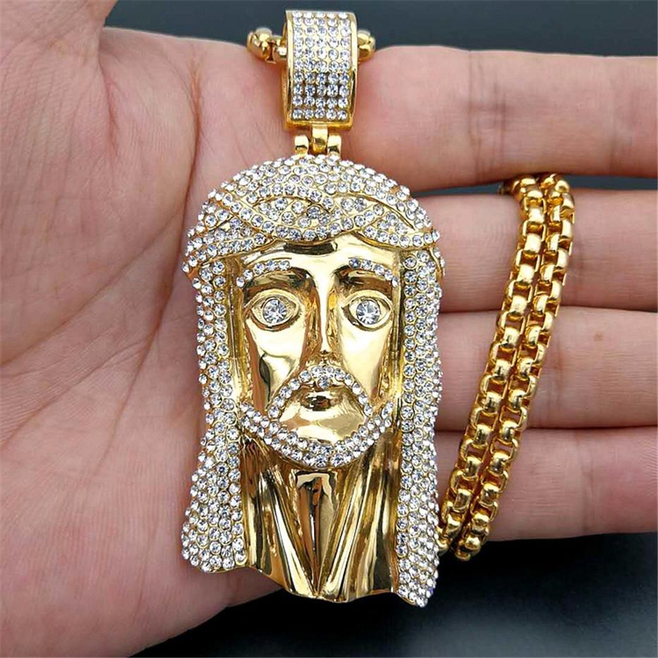 

Golden Big Jesus Christ Head Stainless Steel Necklace Pendant with Chain for Men Iced Out Rhinestones Hip Hop Christian Jewelry 60cm