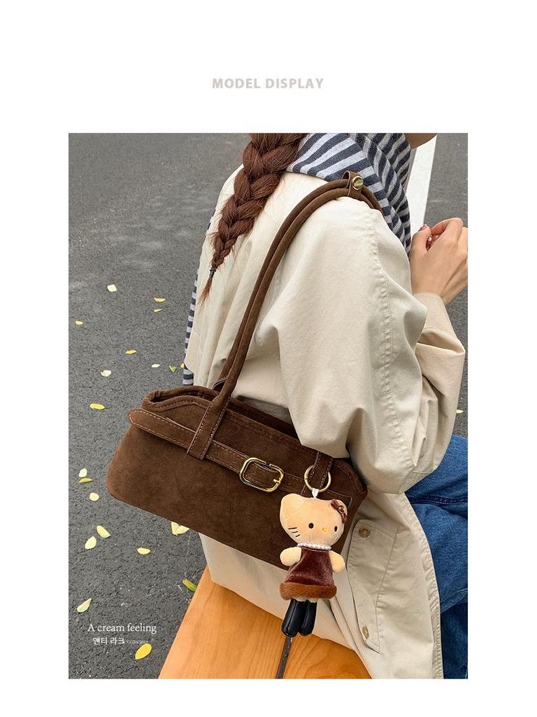 Women's Luxury Suede Shoulder Bag - Retro Matte Design, French-Inspired Baguette for Autumn/Winter