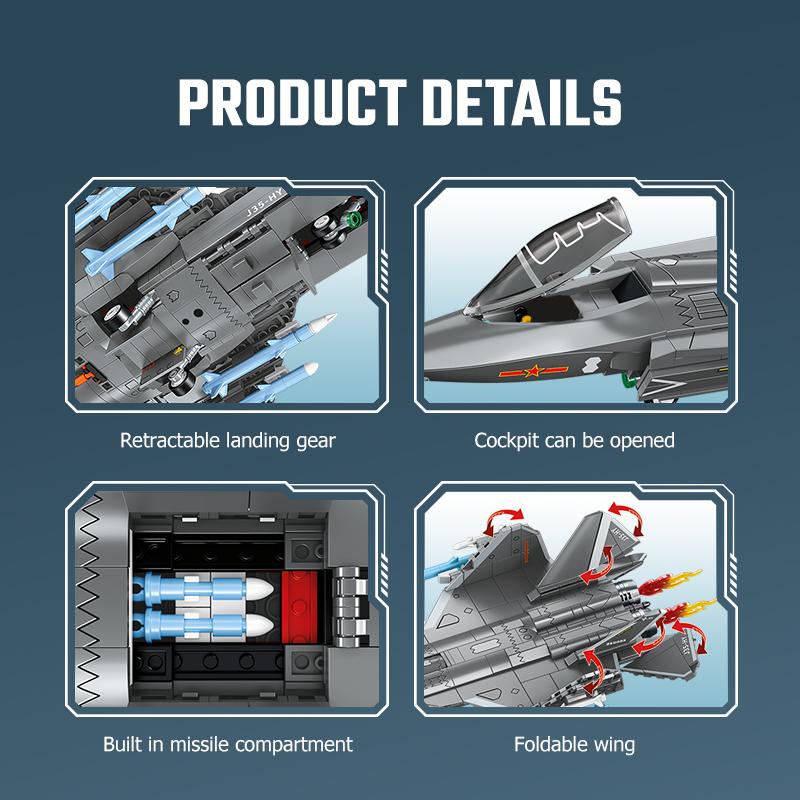 J-35 Palubní stíhací letoun Sestava Stavební bloky MOC Vojenská série Letadlo Model Kostky Hračky pro kluky Dárky