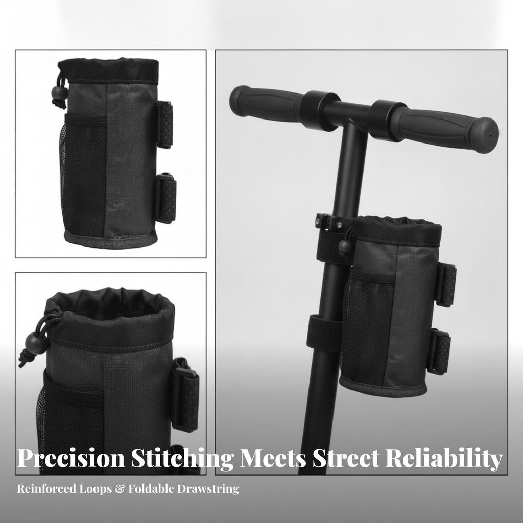 Scooter Handlebar Storage Bag Compact Cup Holder with Mesh Pocket