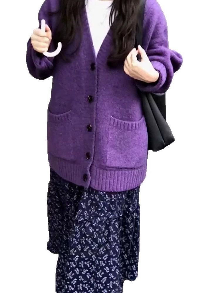 Korean Retro V-Neck Knit Cardigan - Women's Soft Purple Autumn Jacket