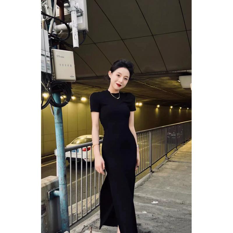 Temperament Light Mature Short-sleeved Thin Dress Skirt Summer New Slim-fitting Split-ended Tight Long Dress Pure Desire Style